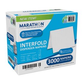 Marathon Interfold 1-Ply Dispenser Napkins, White, 3000 Per Case 250 napkins/pk., 12 pk.