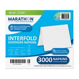 Marathon Interfold 1-Ply Napkins, White, 3000 Per Case 250 napkins/pk., 12 pk.