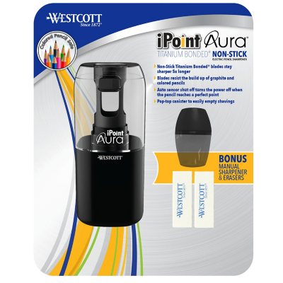 Westcott iPoint Aura Electric Pencil Sharpener, with Manual Sharpener & Erasers, Black