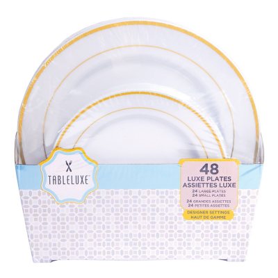 Tableluxe Premium Disposable Round White with Gold Trim Plastic Plates, 7' & 10', 48 ct.