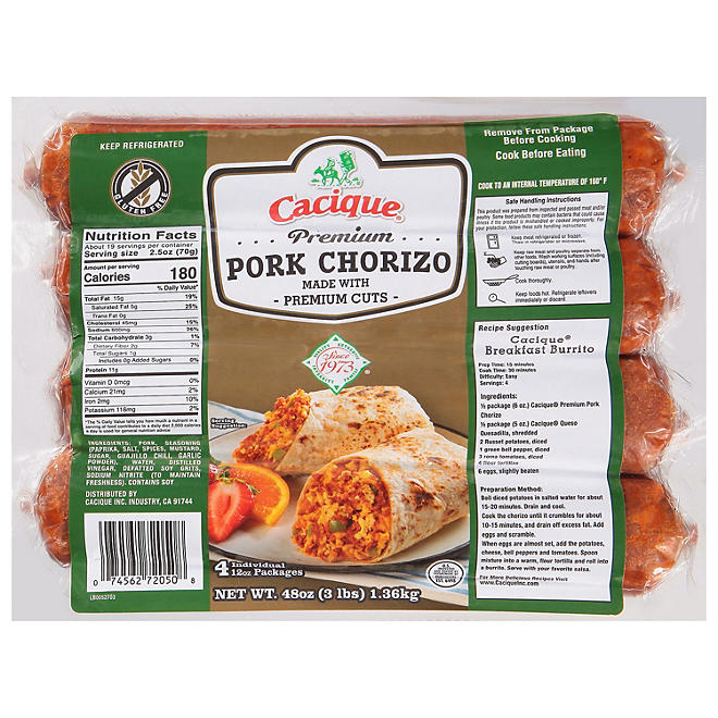 Cacique Premium Pork Chorizo Sausage 48 oz., 4 pk.
