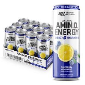 Optimum Nutrition Essential Amino Energy + Electrolytes Sparkling Hydration Drink, Blueberry Lemonade 12 ct.