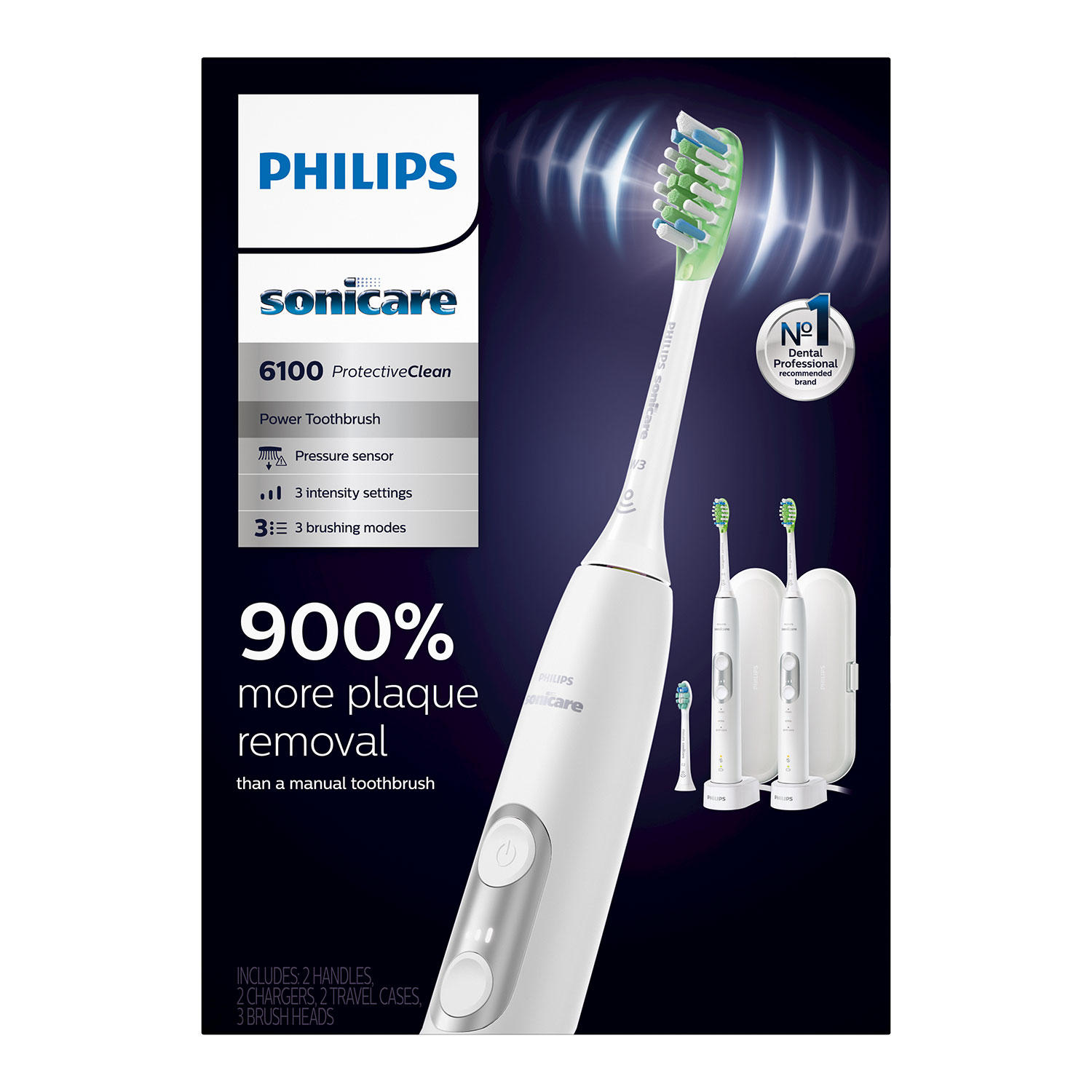 Philips Sonicare ProtectiveClean 6100 Whitening Electric Rechargeable Toothbrush, White (2 Pack)