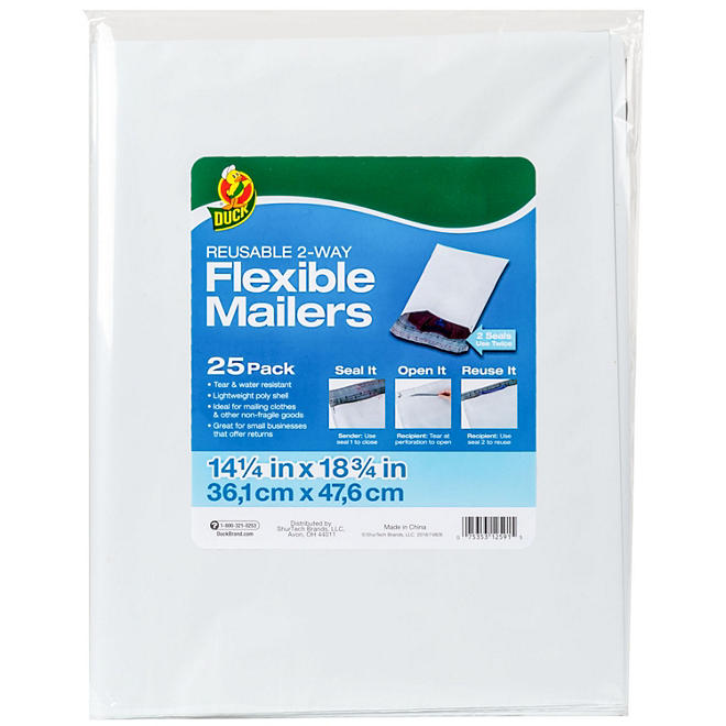 Duck Brand Reusable 2-Way Flexible Mailers, 14.25" x 18.75", White, 25 Pack