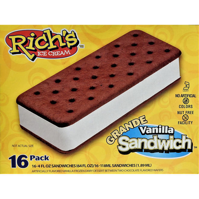 Rich's Ice Cream Grande Vanilla Sandwich, Frozen (16pk/4oz each)