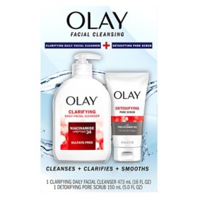 Olay Facial Cleansing Duo Pack, Facial Cleanser, 16 oz. + Detoxifying Pore Scrub, 5 oz.