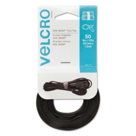 Velcro One-Wrap Reusable Ties, 1/2" x 8", Black, 50/Pack