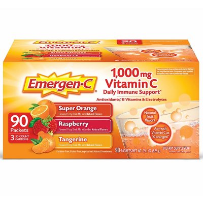 Emergen C Variety Pack Dietary Supplement Drink Mix With 1000mg Vitamin C 3 Flavors 90 Ct 32 Oz Pks Sam S Club