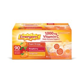 Emergen-C Variety Pack Dietary Supplement Drink Mix with 1000 mg Vitamin C - Super Orange, Raspberry, and Tangerine (29.1 oz., 90 ct.)