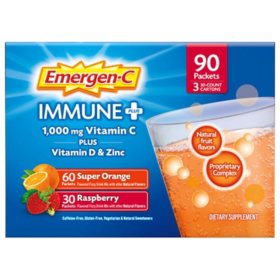 Emergen-C Dietary Supplement Drink Mix with Immune+ Triple Action Super Orange & Raspberry (90 ct.)