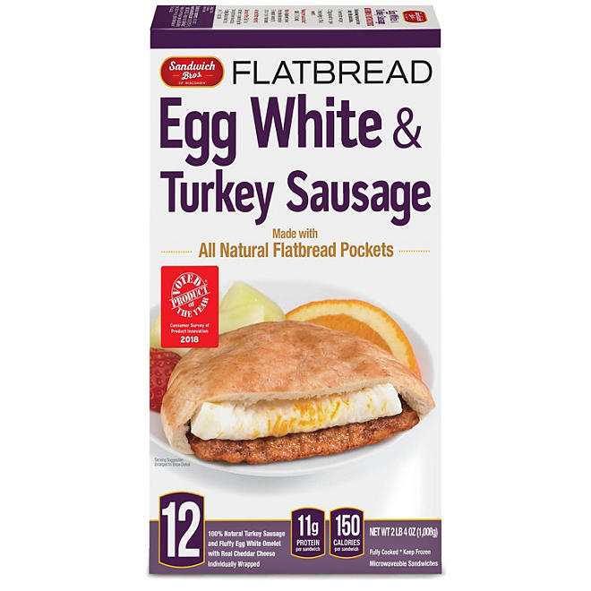 Sandwich Bros. Egg White & Turkey Sausage Flatbread Sandwich, Frozen (12 ct.)