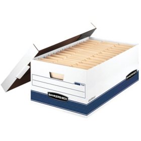 Bankers Box STOR/FILE Storage Box with Locking Lid, White/Blue Legal, 12/Carton