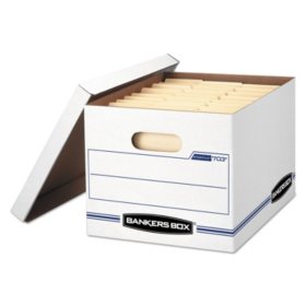 Bankers Box Storage Box with Lift-off Lid, White/Blue Letter/Legal, 12/Carton
