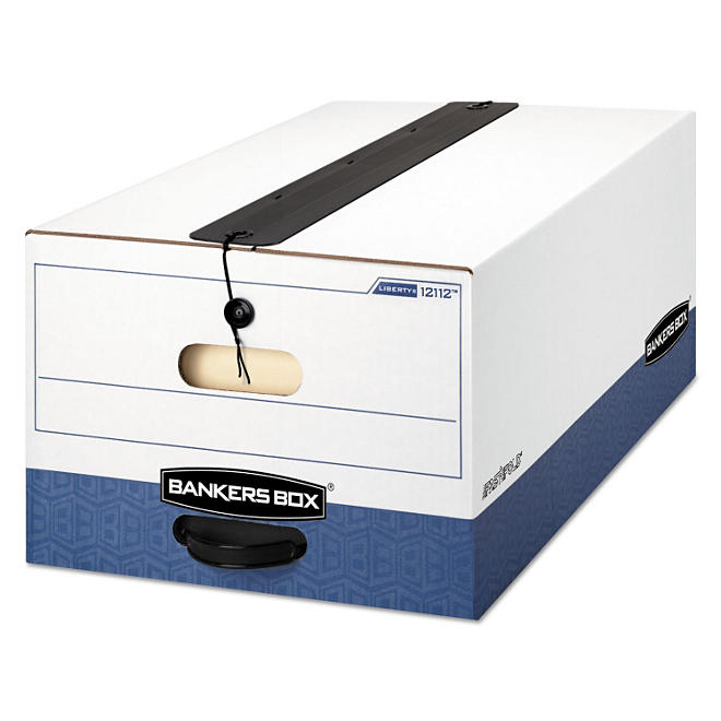 Bankers Box LIBERTY Plus String-Button Closure Storage Box, White/Blue (Legal, 12/Carton)