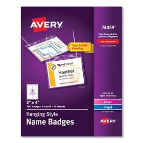 Avery Necklace-Style Badge Holder w/Laser/Inkjet Insert, Top Load, 4 x 3, WE, 100/Box