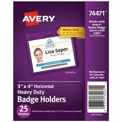 Avery Secure Top Heavy-Duty Badge Holders, Horizontal, 4w x 3h, Clear, 25/Pack  - Sam's Club