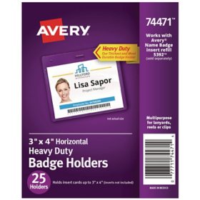 Avery Secure Top Heavy-Duty Badge Holders, Horizontal, 4w x 3h, Clear, 25/Pack
