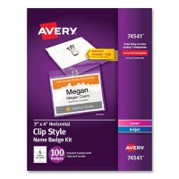 Avery Clip-Style Name Badge Holder with Laser/Inkjet Insert, Top Load, 4 x 3, White, 100/Box