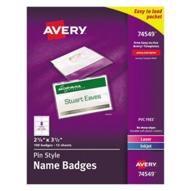 Avery Pin-Style Badge Holder with Laser/Inkjet Insert, Top Load, 3.5 x 2.25, White, 100/Box