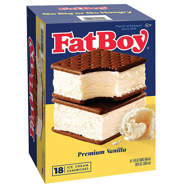 FatBoy Premium Vanilla Ice Cream Sandwich, Frozen 18 ct.