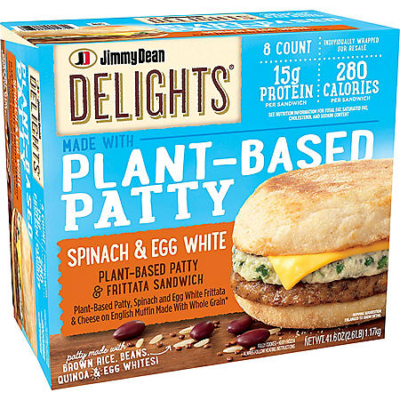 Jimmy Dean Delights Spinach and Egg White Plant-Based Patty and Frittata Sandwich, Frozen (8 ct.)