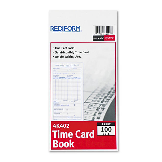 Rediform Employee Time Card, Semi-Monthly, 4-1/4 x 8, 100/Pad