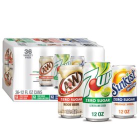 7UP Sunkist and A&W Zero Sugar Soda Variety Pack 12 fl. oz., 36 pk.