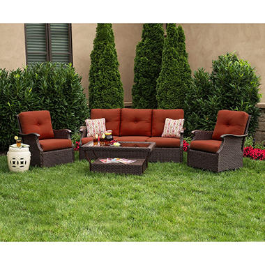 Members Mark Stockton Hand-woven All-weather Wicker 4 Piece Deep Seating Set with Premium Sunbrella Fabric in Cornell Red