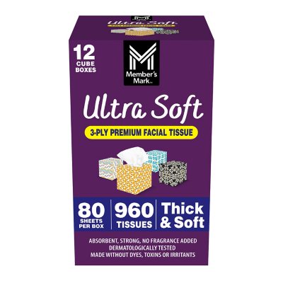 Member's Mark Ultra Soft 3-Ply Facial Tissues, Cube Boxes (80 tissues/box, 12 boxes)