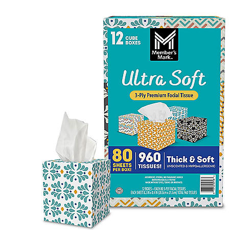 Member?s Mark Ultra Soft Facial Tissues, 12 Cube Boxes, 80 3-Ply Tissues per Box (960 Tissues Total)