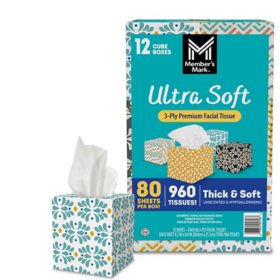 Member's Mark Ultra Soft 3-Ply Facial Tissues, Cube Boxes 80 tissues/box, 12 boxes
