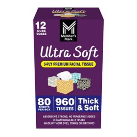 Member's Mark Ultra Soft 3-Ply Facial Tissues, 12 Cube Boxes, 80 tissues/box