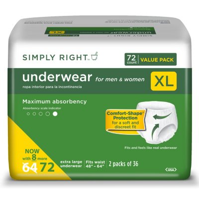 Simply Right Underwear for Men or Women, Extra Large (72 ct.) - Sam's Club
