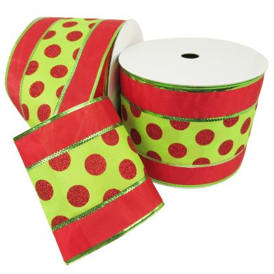 Member's Mark Premium Wired Ribbon, Red Glitter Dots on Lime/Red