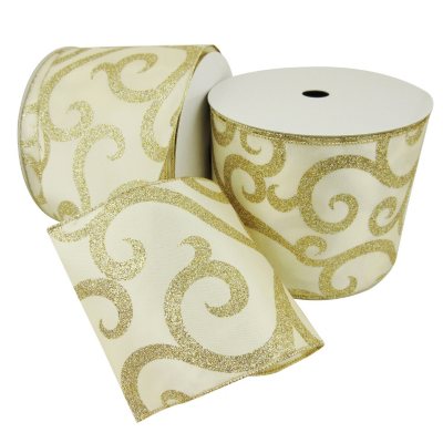 Member's Mark Premium Wired Ribbon, Champagne Glitter Swirls on Ivory ...