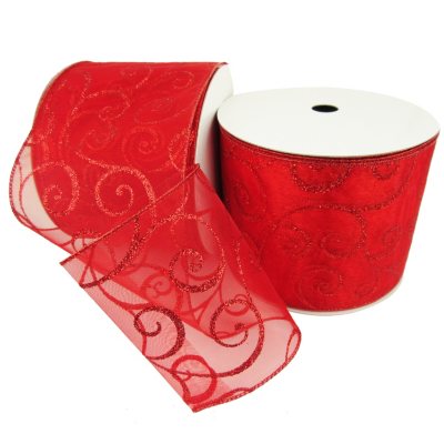Member's Mark Premium Wired Ribbon, Red Glitter Swirls on Red Sheer 5 ...