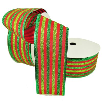 Member's Mark Premium Wired Ribbon, Lime/Green Glitter Stripes on Red ...