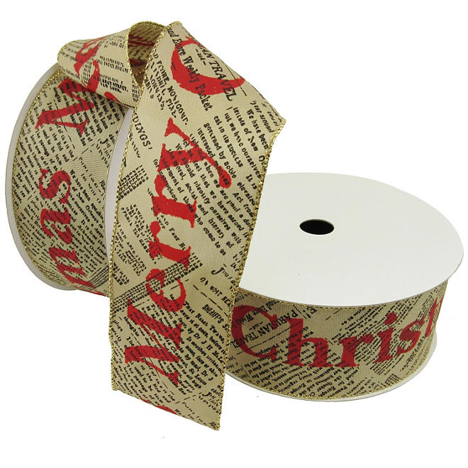 Member's Mark Premium Wired Ribbon, Merry Christmas on Newsprint Taupe Satin 2.5" (2 pk., 50 yd. each)