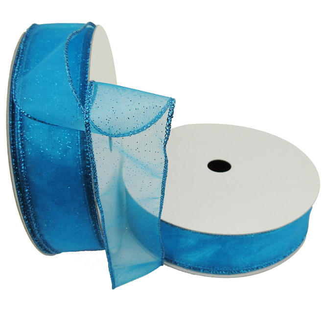 Member's Mark Premium Wired Ribbon, Blue Glitter on Blue Sheer 1.5" (2 pk., 50 yd. each)