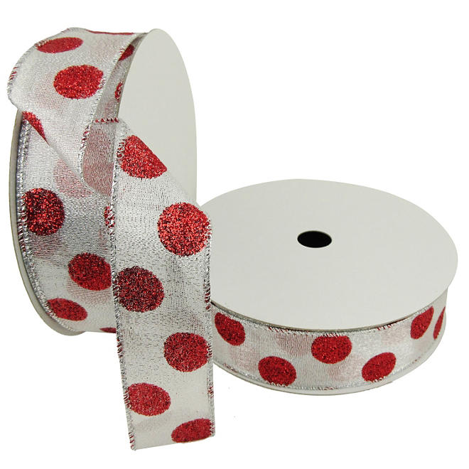 Member's Mark Premium Wired Ribbon, Red Glitter Dots on Silver Metallic 1.5" (2 pk., 50 yd. each)