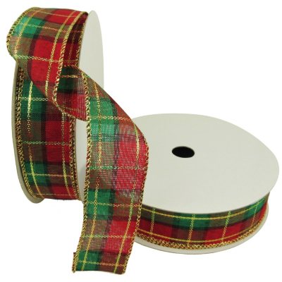 Member's Mark Premium Wired Ribbon, Plaid in Emerald, Red, Gold 1.5