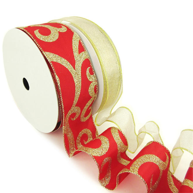 Member's Mark Premium Wired Ribbon, Gold Woven Metallic 1.5" and Glitter Swirls on Red Satin 2.5" (2 pk., 50 yd. each)