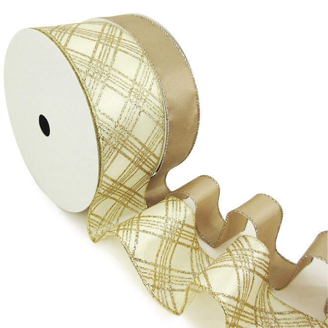 Member's Mark Premium Wired Ribbon, Taupe Satin 1.5" and Plaid Champagne Glitter on Ivory Satin 2.5" (2 pk., 50 yd. each)