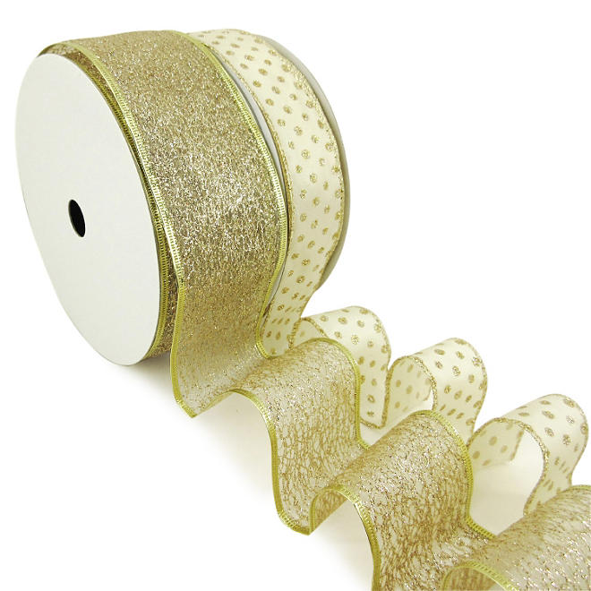 Member's Mark Premium Wired Ribbon, Champagne Glitter Mini Dots on Ivory Satin 1.5" and Champagne Glitter 2.5" (2 pk., 50 yd. each)