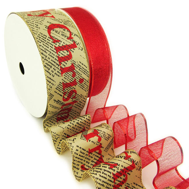 Member's Mark Premium Wired Ribbon, Red Woven Metallic 1.5" and Merry Christmas on Newsprint Taupe Satin 2.5" (2 pk., 50 yd. each)