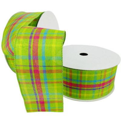 Member's Mark Premium Wired Ribbon, Lime Plaid with Teal, Yellow ...