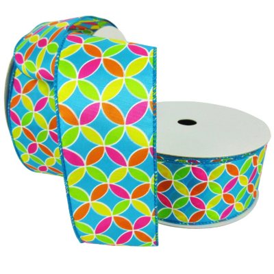 Member's Mark Premium Wired Ribbon, Geometric Lattice on Blue Satin, 2. ...