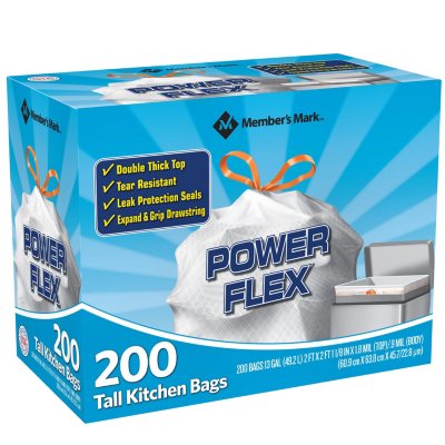 Member's Mark Power Flex Tall Kitchen Drawstring Trash Bags Unscented (13  gal., 200 ct.) - Sam's Club