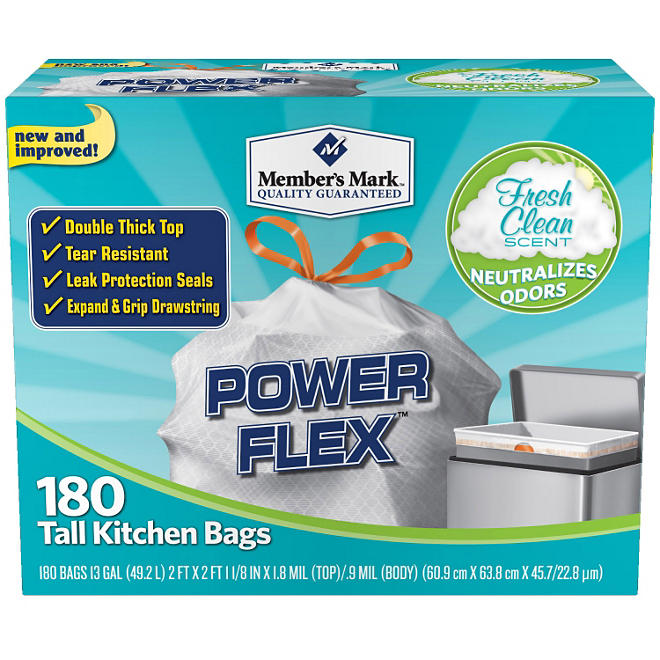 Member's Mark Power Flex Tall Kitchen Simple Fit Drawstring Bags with Fresh Clean Scent (13 gal., 180 ct.)