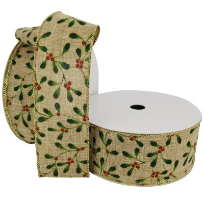 Member's Mark Premium Wired Ribbon, Holly Branches Painted with Red ...